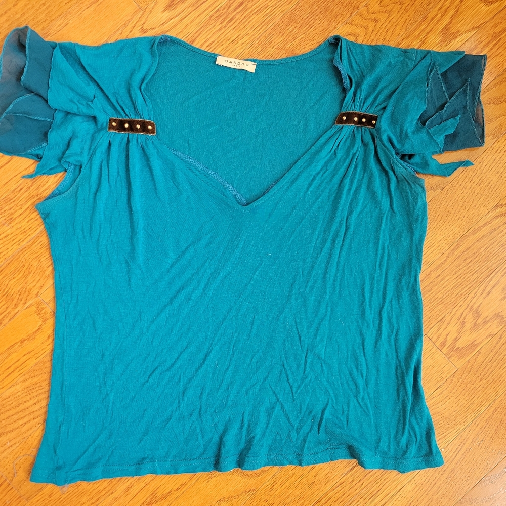 Aqua blue top w frilly cap sleeve